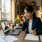 家でオンライン英会話を受けている女性の様子