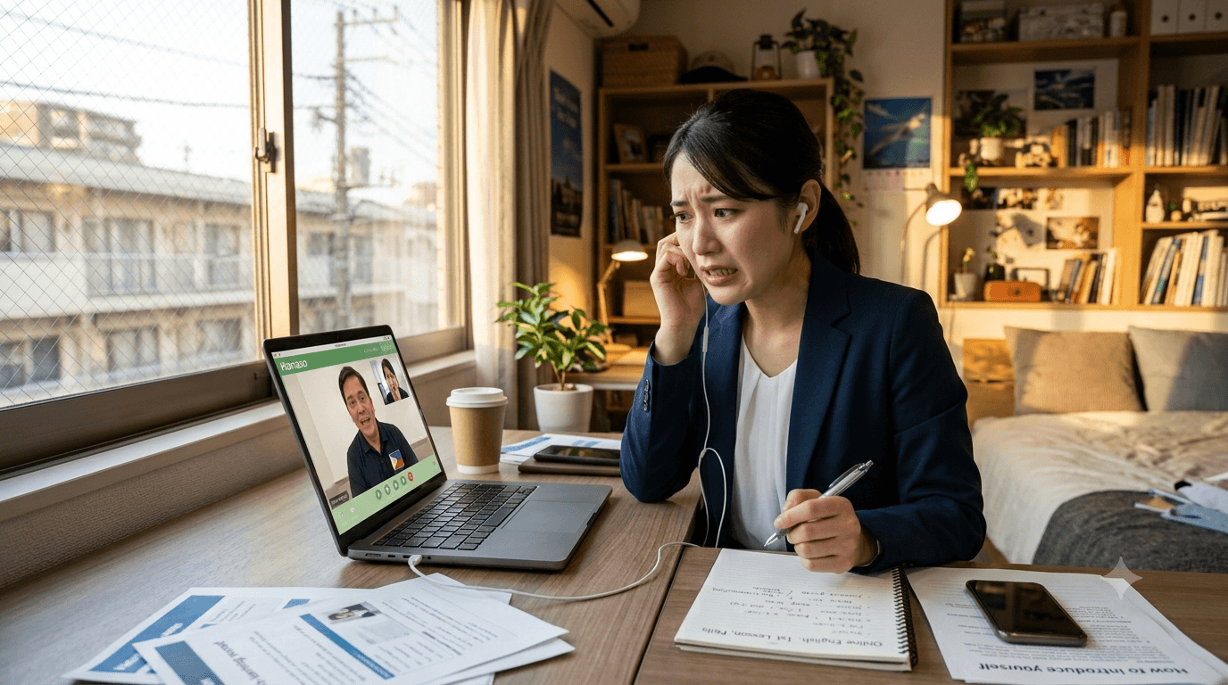 家でオンライン英会話を受けている女性の様子