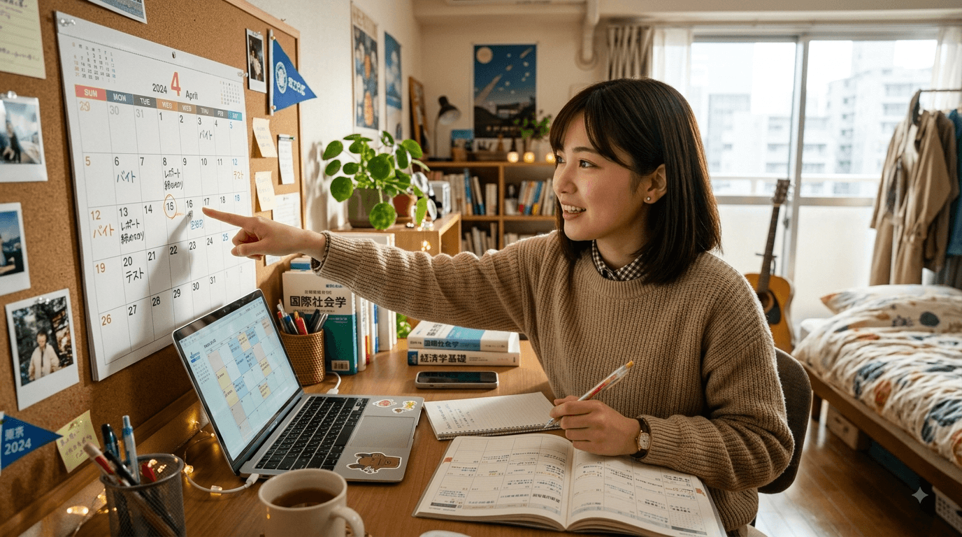 日本人女性がカレンダーを指さしている様子