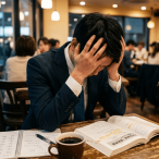 カフェで頭を抱えている日本人男性の様子